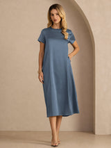 [Verde Azulado Real] SilkSilky-ES Short Sleeve Crew Neck Vestido 007