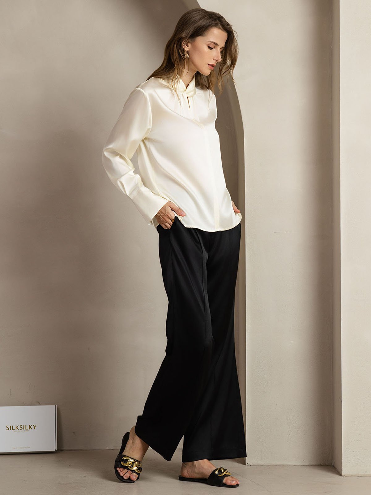 [Marfil] SilkSilky-ES 19Momme Seda Escote lágrima Blusas de Mujer 011