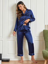 [Azul Oscuro] SilkSilky-ES Seda Pura Manga larga Womens Pajamas 002