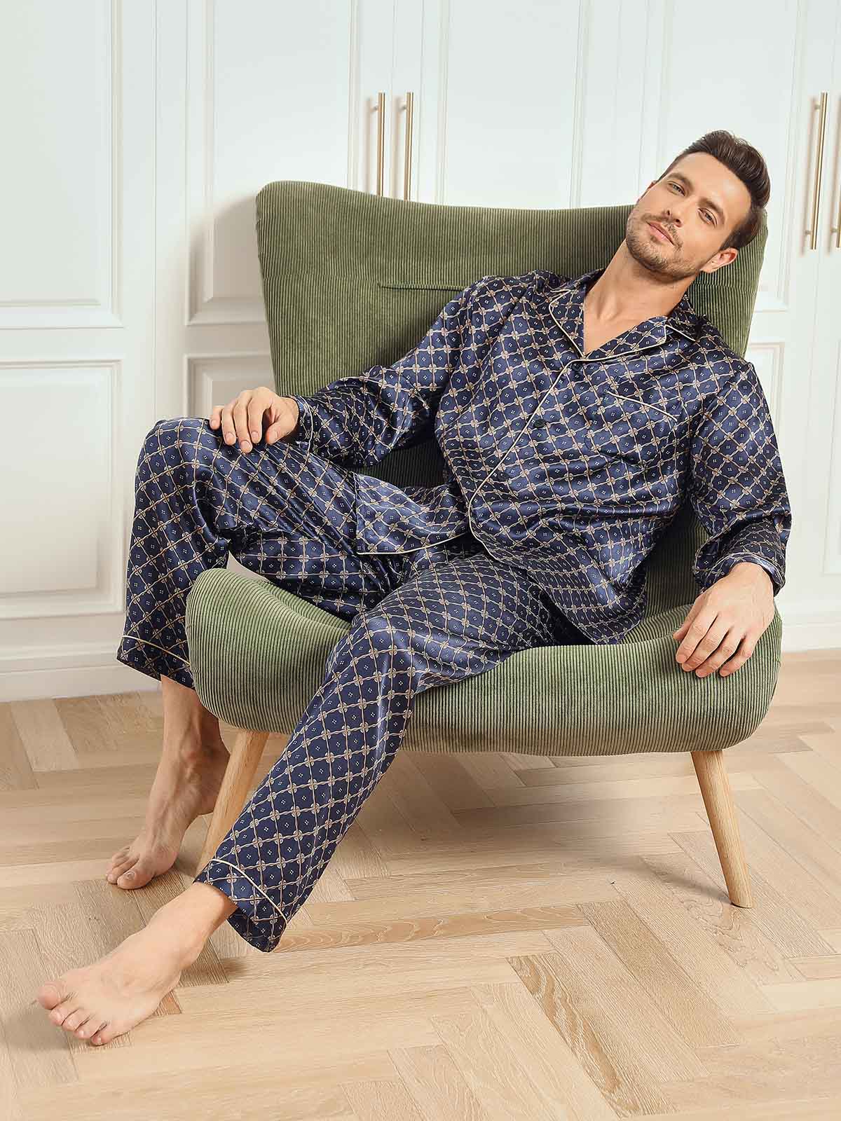 [Cadena Azul Marino] SilkSilky-ES 19Momme Seda Pura Mens Pajamas 007