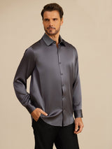 [Gris Oscuro] SilkSilky-ES Long Sleeve Lapel Collar Camisa de hombre 007