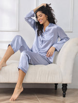 [Azul Acero] SilkSilky-ES Long Sleeve Lapel Collar Pijamas de mujer 001