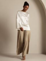 [Blanco] SilkSilky-ES Long Sleeve Boat Neck Blusa 008