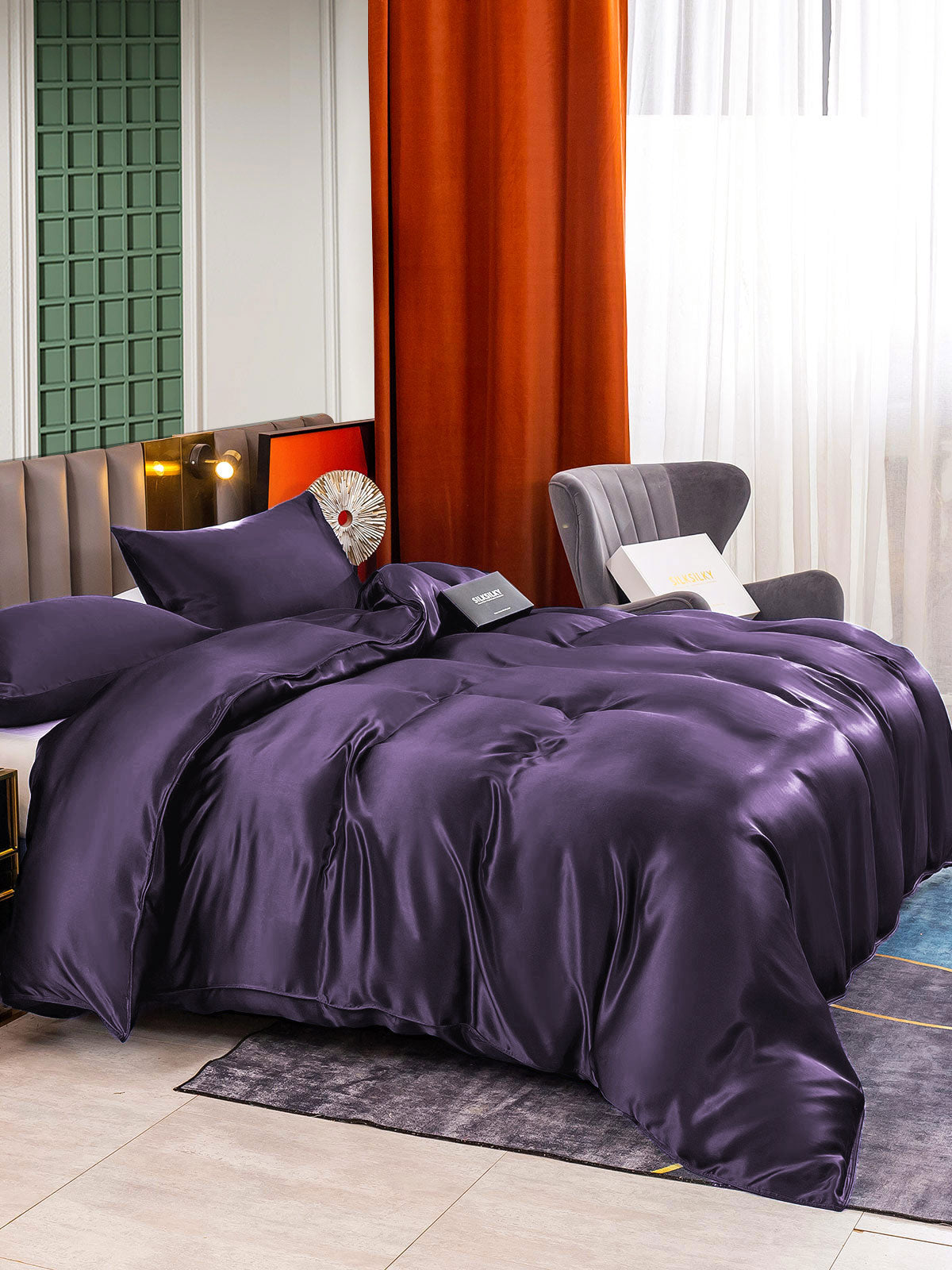 [Morado Oscuro] SilkSilky-ES 22Momme Seda Pura Bedding Set 003,