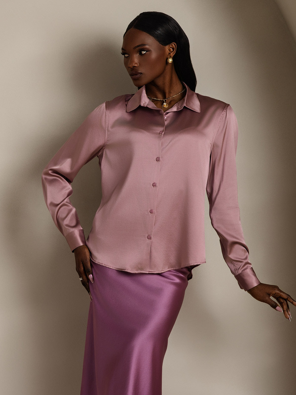 [Malva Pálido] SilkSilky-ES Seda Lapel Collar Blusas de Mujer 005