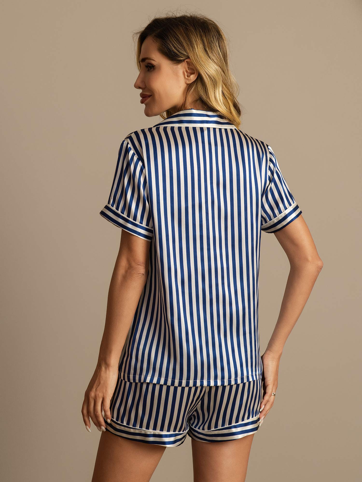 [Azul Oscuro] SilkSilky-ES Seda Pura Womens Pajamas 002,