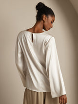 [Blanco] SilkSilky-ES Long Sleeve Boat Neck Blusa 002