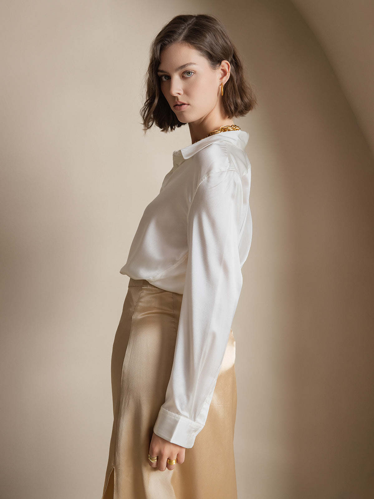 [Blanco] SilkSilky-ES Seda Manga larga Cuello Camisero Blusas de Mujer 004