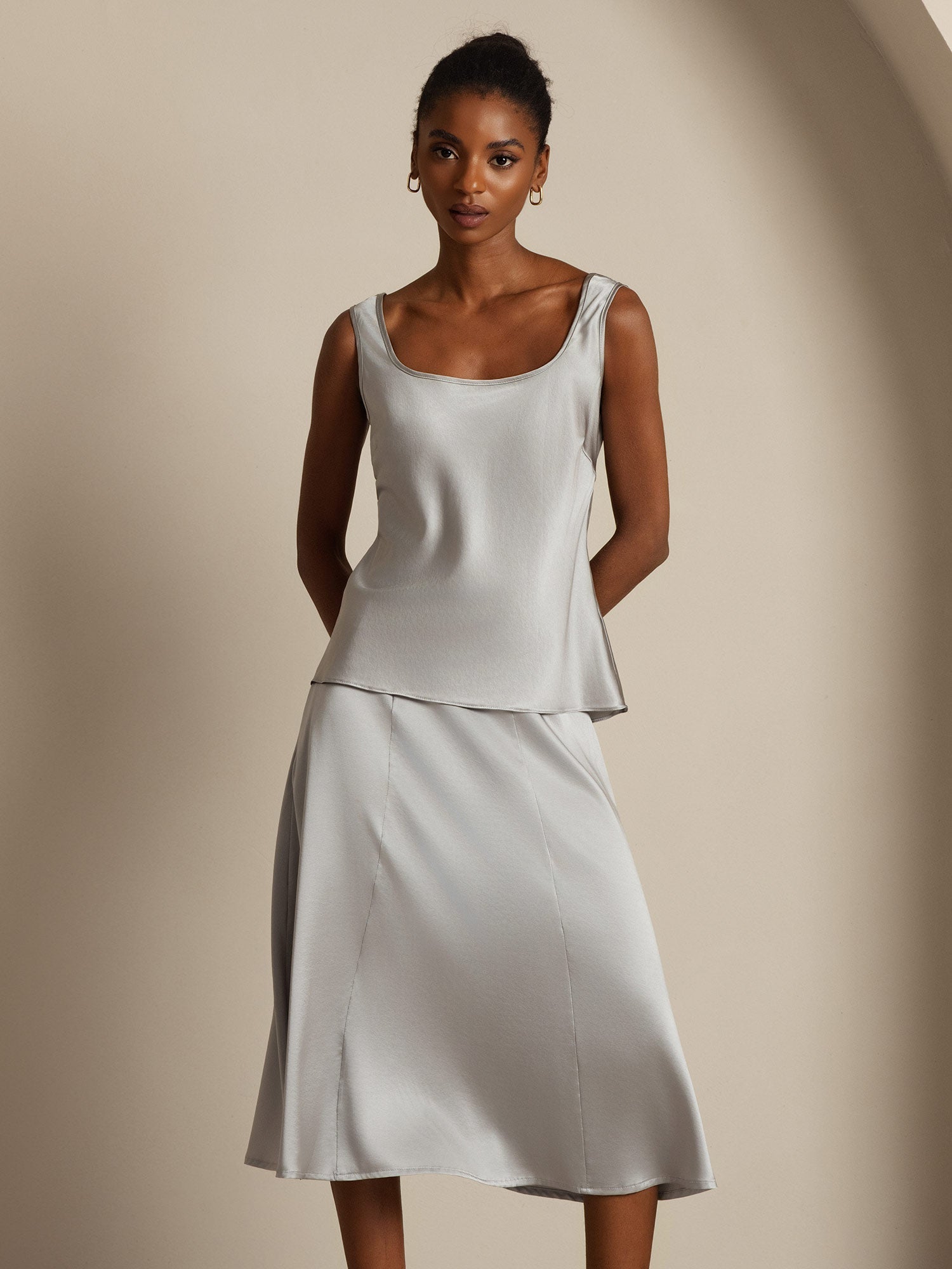 [Gris Griffin] SilkSilky-ES 19Momme Seda Cuello en U Top de tirantes 003,