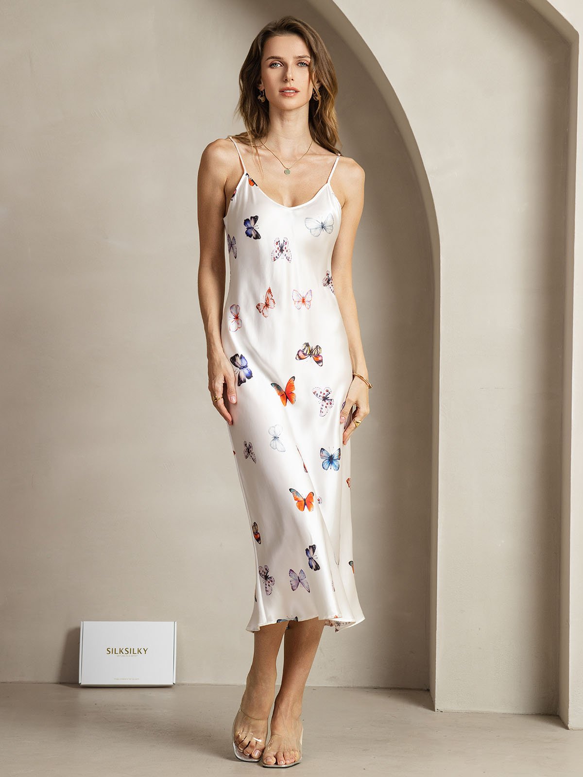 [MariposaBlanca] SilkSilky-ES 19Momme Seda Cuello en V Vestido 003
