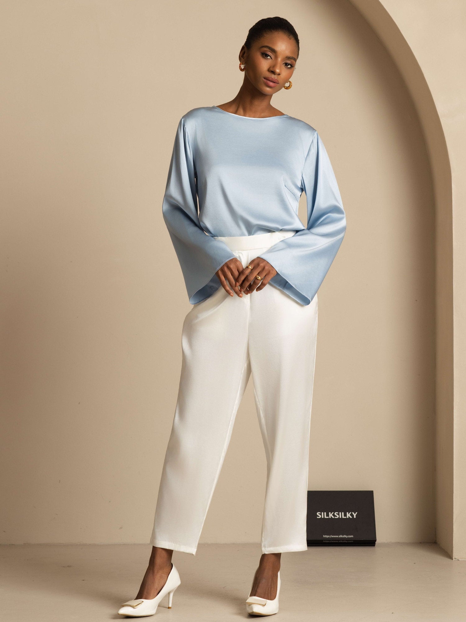 [Azul Grisáceo] SilkSilky-ES 19Momme Seda Manga larga Blouse 009