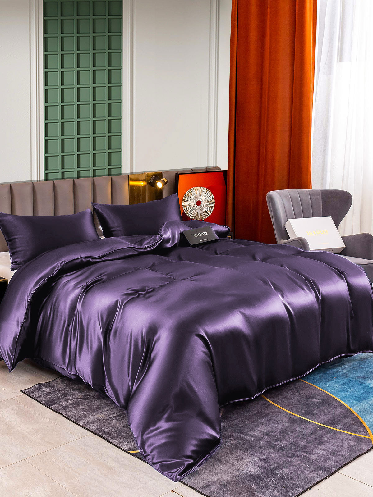 [Morado Oscuro] SilkSilky-ES 22Momme Seda Pura Bedding Set 002,