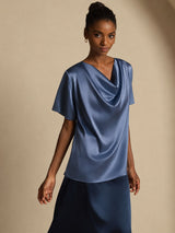 [Verde Azulado Real] SilkSilky-ES Short Sleeve Cowl Neck Blusas 007