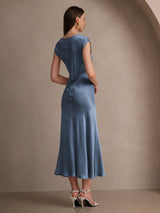 [Verde Azulado Real] SilkSilky-ES Cap Sleeve Vestido 002