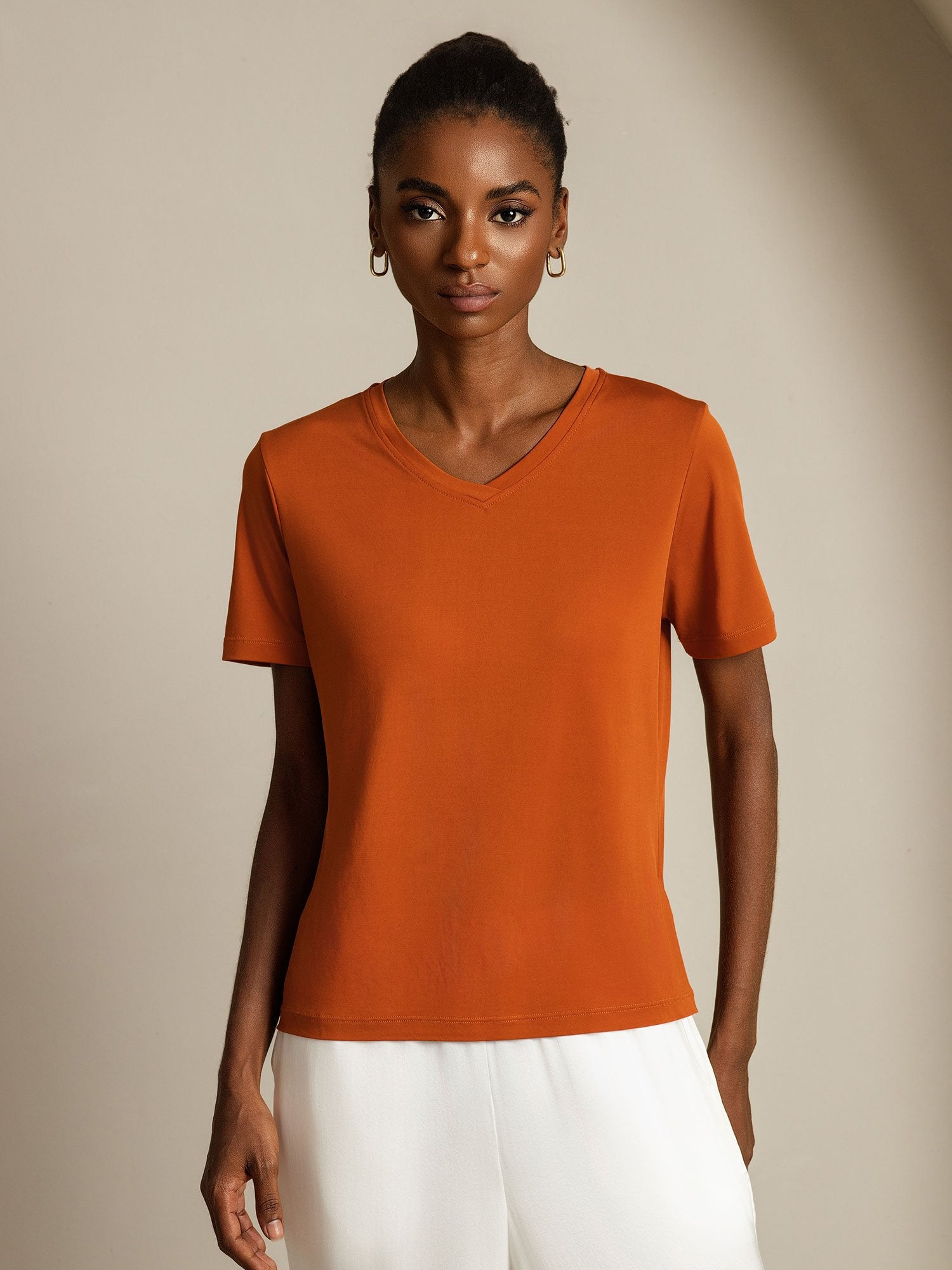 [Naranja] SilkSilky-ES Seda Pura Cuello en V Camisetas de Mujer 001