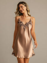 [Marrón] SilkSilky-ES Spaghetti Strap V Neck Camisón 003