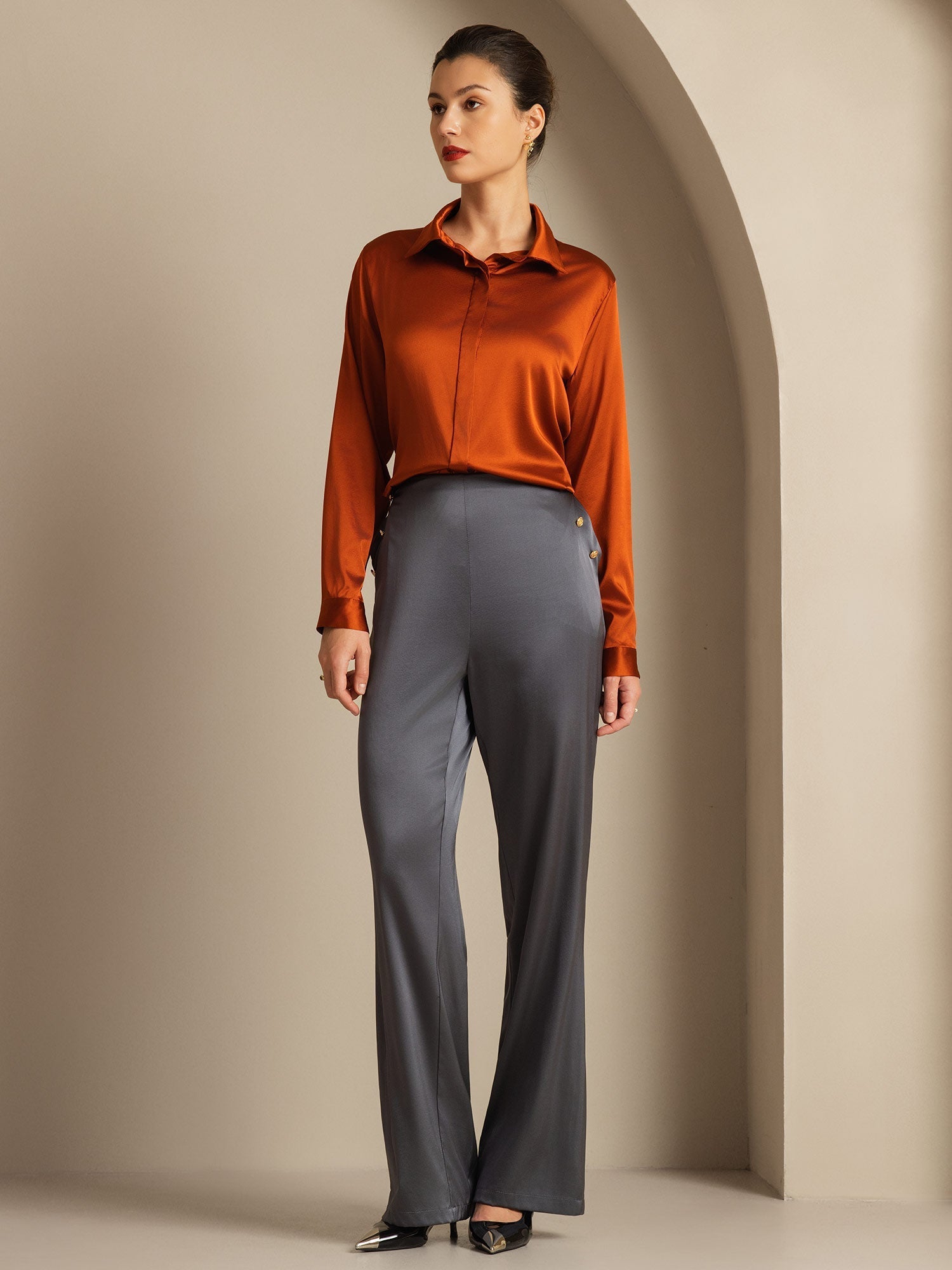 [Gris Oscuro] SilkSilky-ES 19Momme Seda Womens Pants 007,