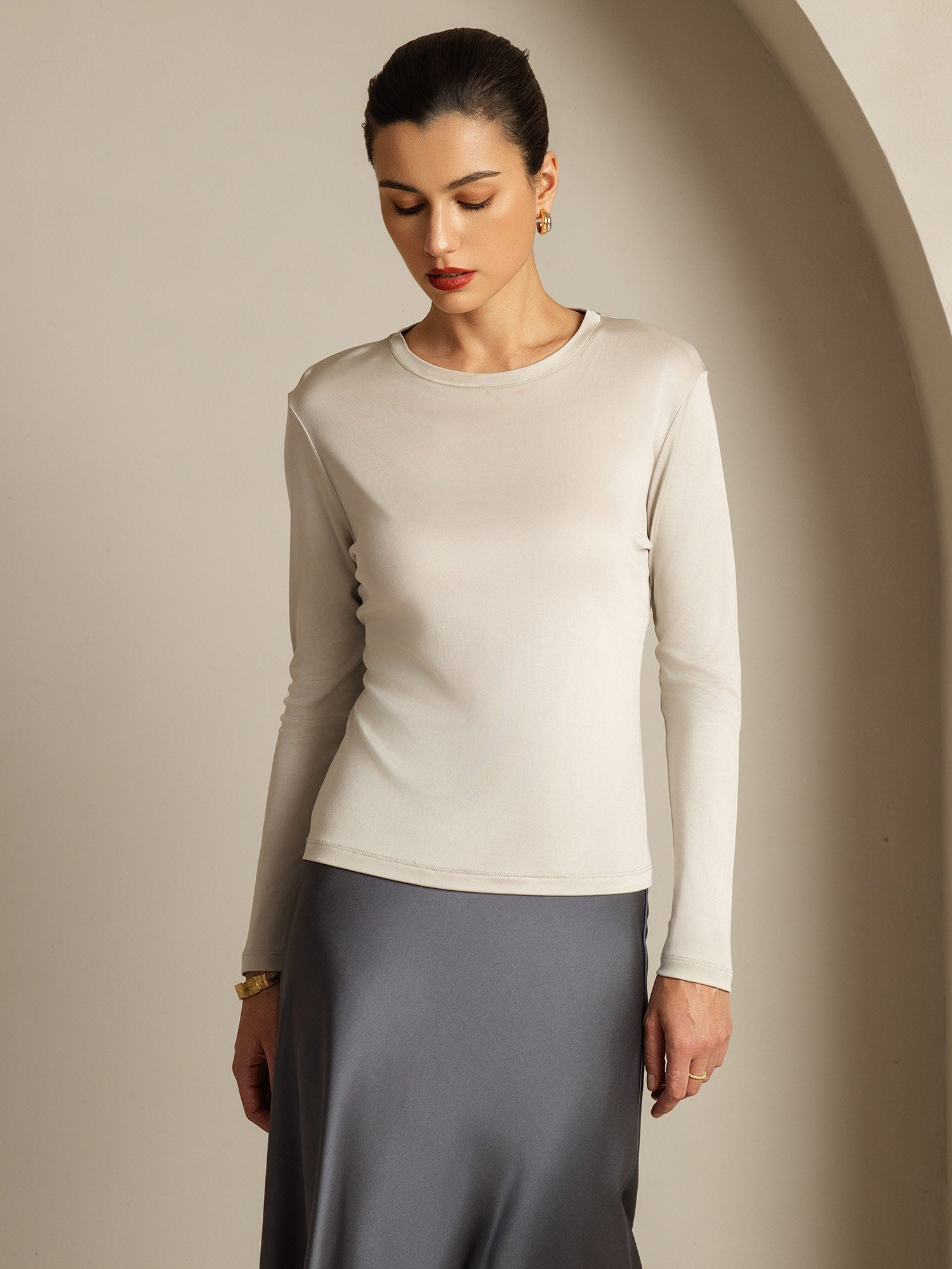 [Gris] SilkSilky-ES Seda Pura Womens T-Shirt 001,