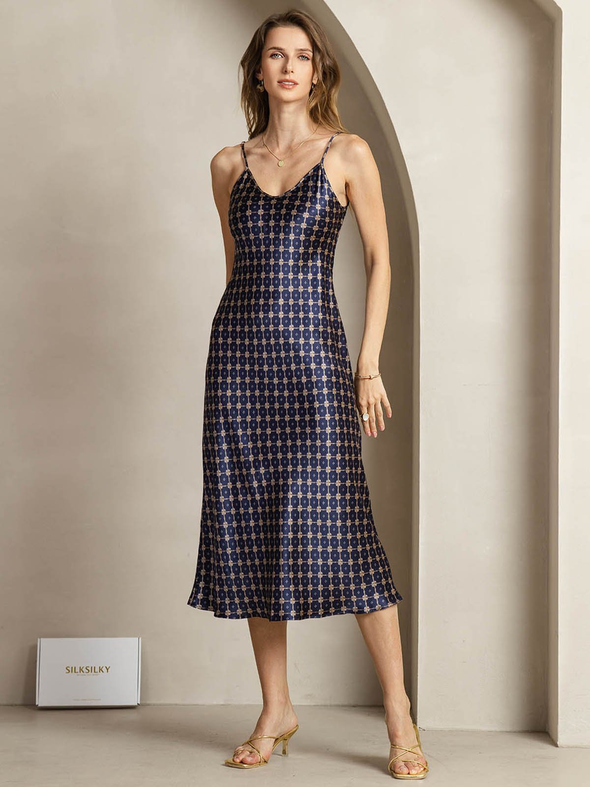 [CadenaAzulMarino] SilkSilky-ES 19Momme Seda Cuello en V Vestido 004