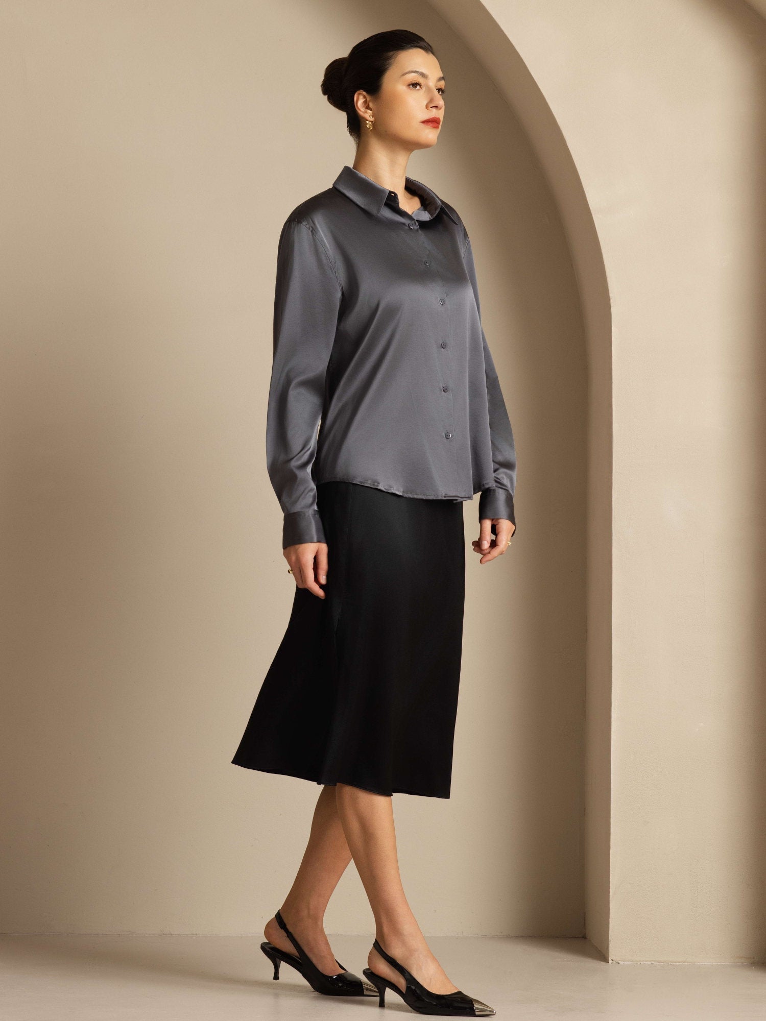 [Gris Oscuro] SilkSilky-ES Seda Manga larga Cuello Camisero Blusas de Mujer 004