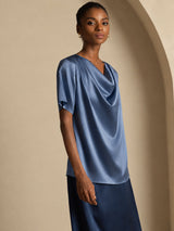 [Verde Azulado Real] SilkSilky-ES Short Sleeve Cowl Neck Blusas 004