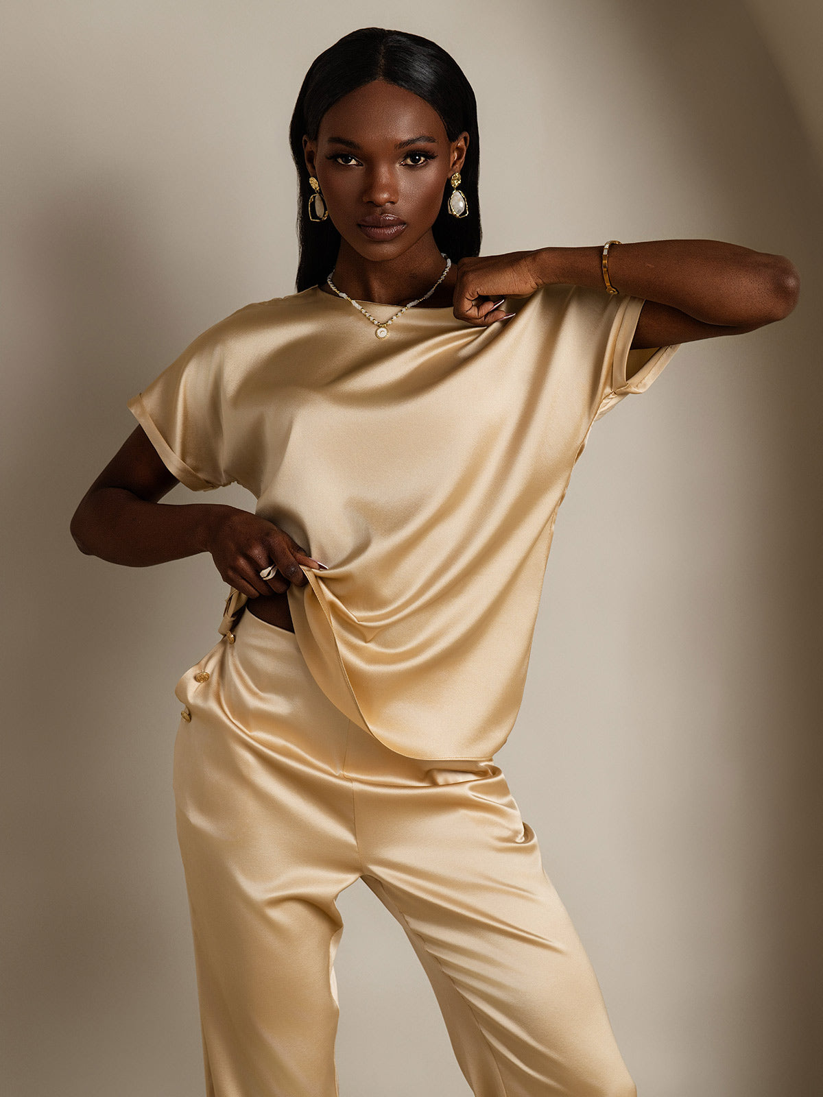 [Champán] SilkSilky-ES 19Momme Seda Manga corta Womens T-Shirt 004