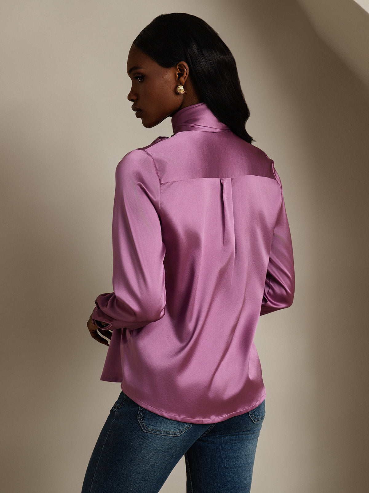 [Morado Oscuro] SilkSilky-ES 19Momme Manga larga Blusa 002