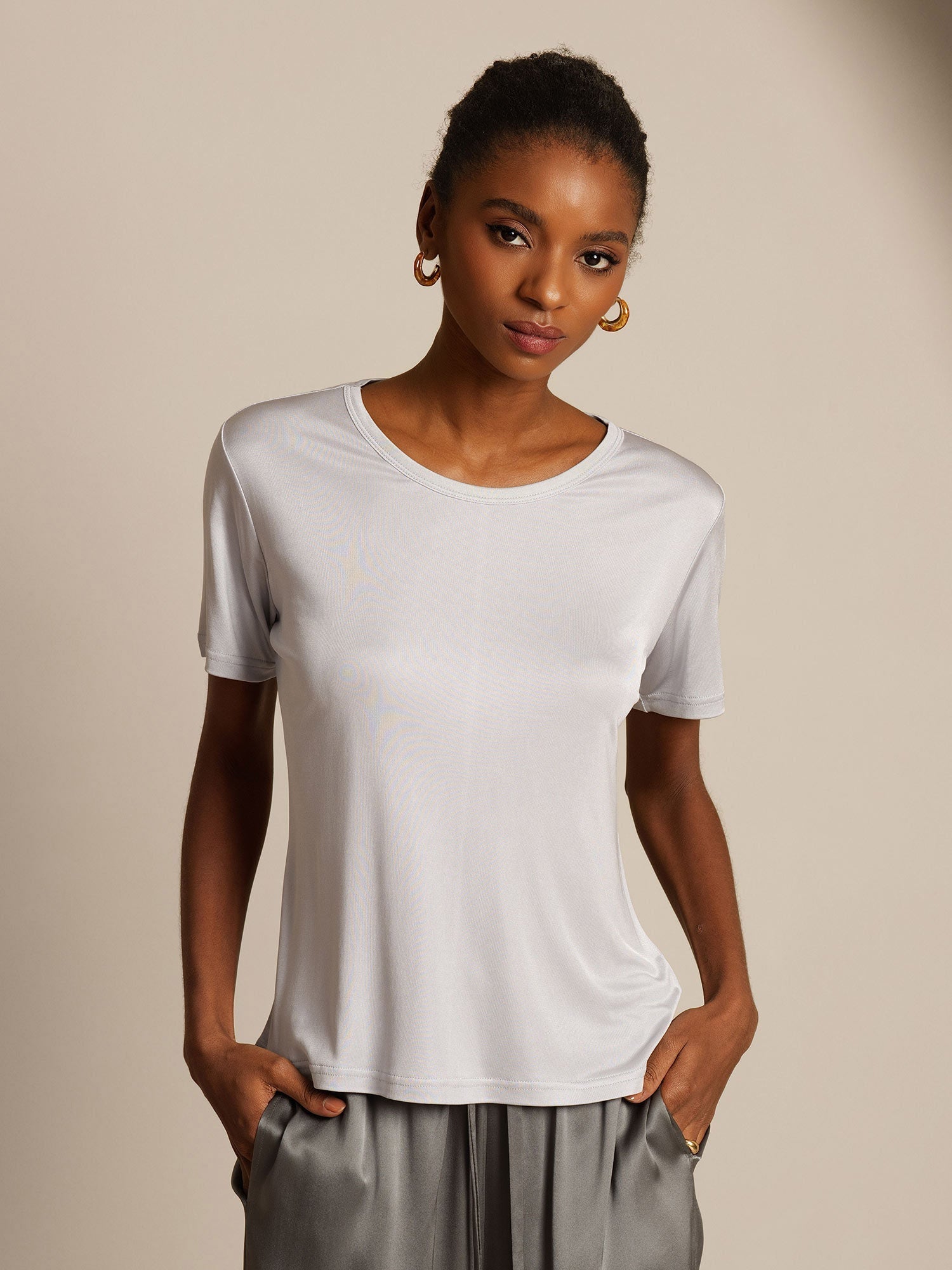 [Plata] SilkSilky-ES Manga corta Cuello Redondo Camisetas de Mujer 001