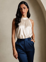 [Beige] SilkSilky-ES Sleeveless Halter Camisetas de Mujer 001