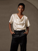 [Beige] SilkSilky-ES Short Sleeve Cowl Neck Blusas 003