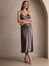 [Caqui Oscuro] SilkSilky-ES Spaghetti Strap V Neck Vestido 005
