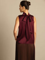 [Rojo Oscuro] SilkSilky-ES 19Momme Sin mangas Cuello Lazo Blusa 002