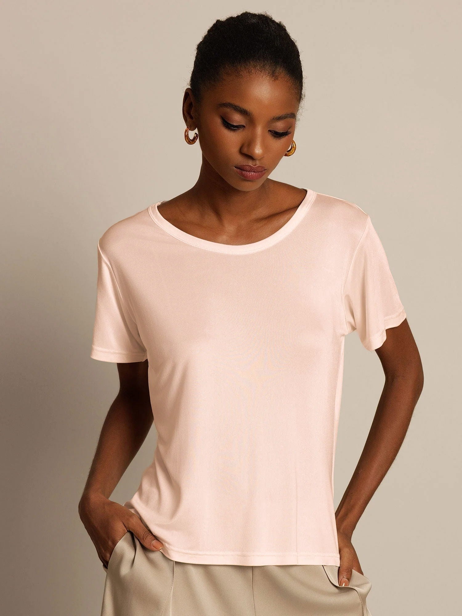 [Rosa Claro] SilkSilky-ES Manga corta Cuello Redondo Camisetas de Mujer 003
