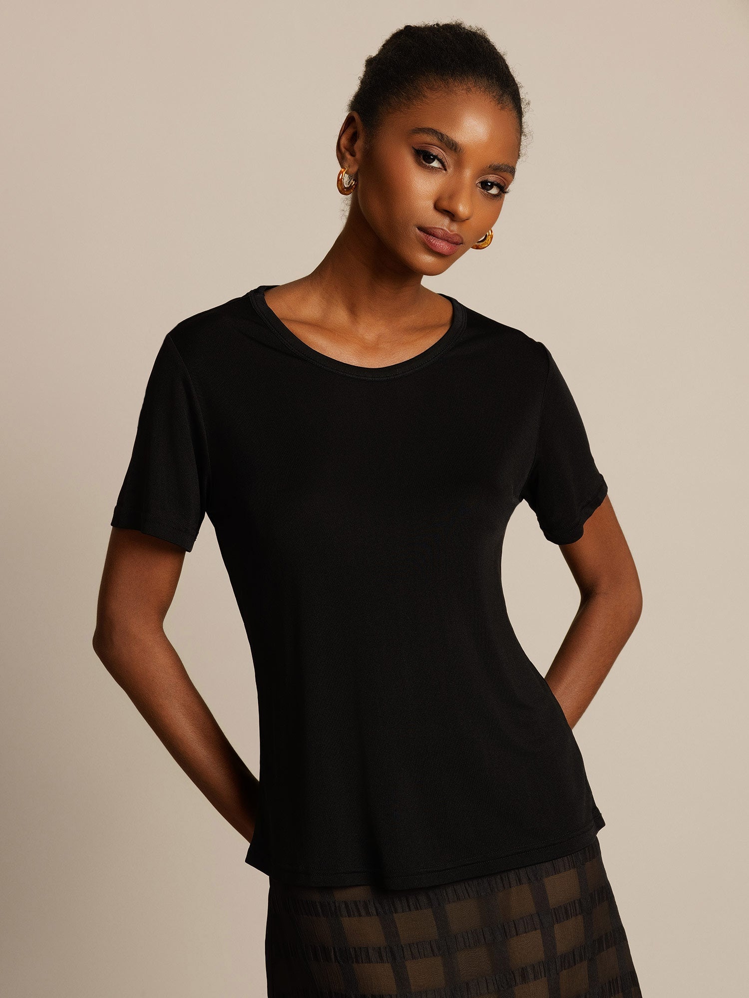 [Negro] SilkSilky-ES Manga corta Cuello Redondo Camisetas de Mujer 001