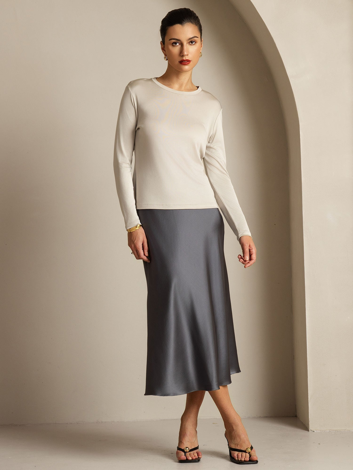 [Gris] SilkSilky-ES Seda Pura Womens T-Shirt 009,