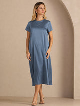 [Verde Azulado Real] SilkSilky-ES Short Sleeve Crew Neck Vestido 005