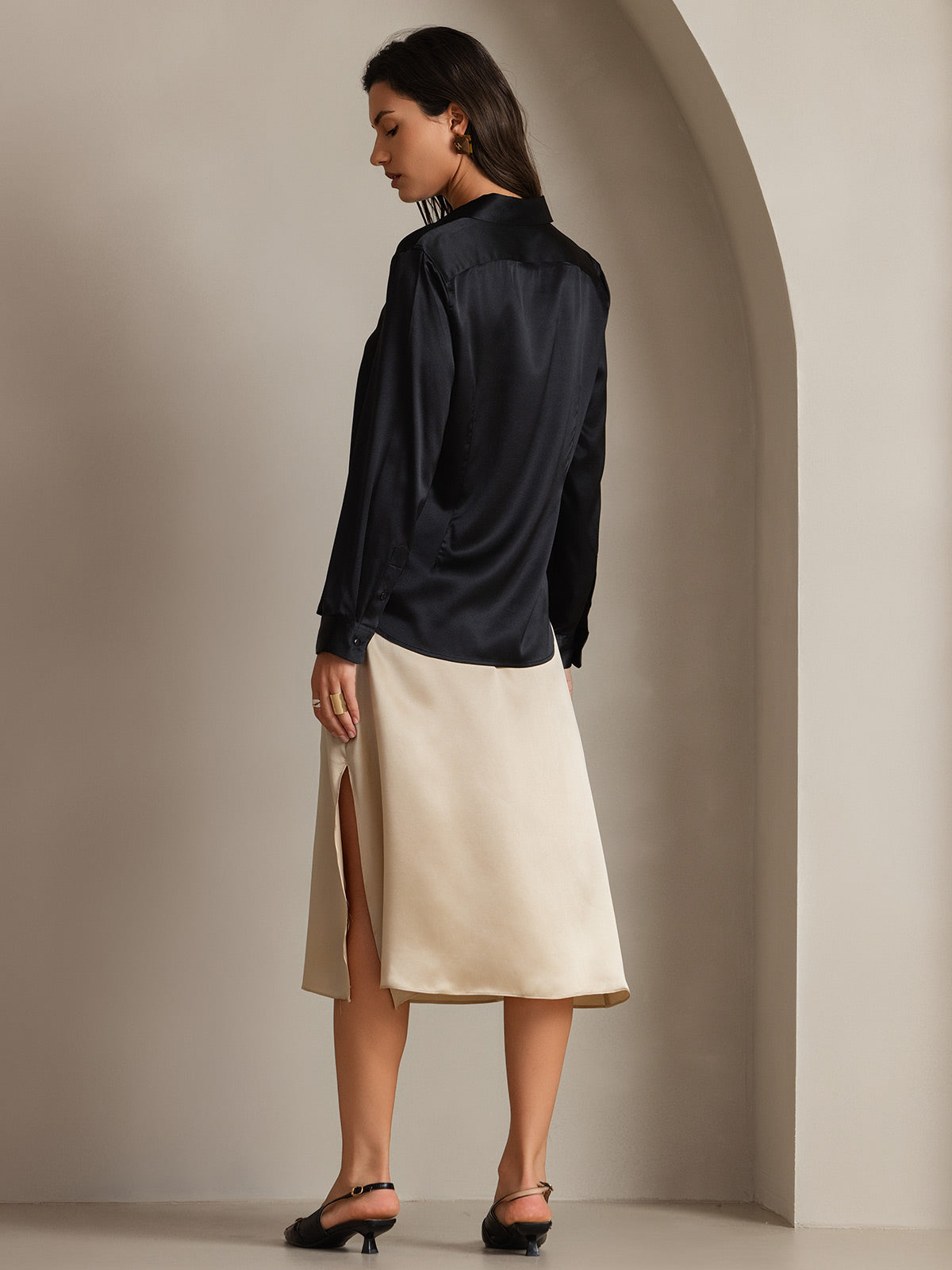 [Negro] SilkSilky-ES Seda Manga larga Cuello Camisero Blusas de Mujer 002