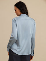 [Azul Grisáceo] SilkSilky-ES Long Sleeve Lapel Collar Blusas de Mujer 002