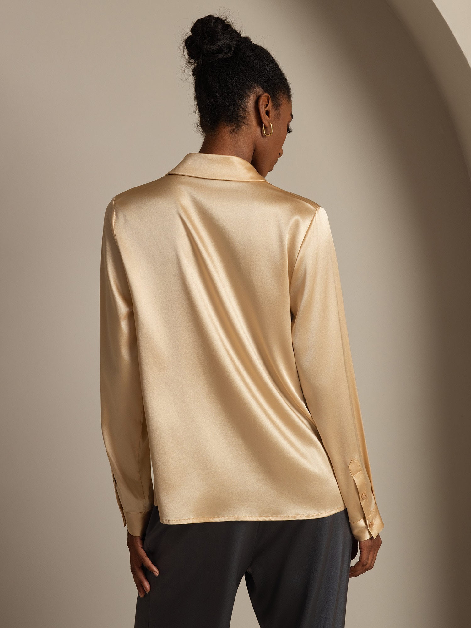 [Champán] SilkSilky-ES 19Momme Seda Manga larga Cuello Camisero Blusas de Mujer 003