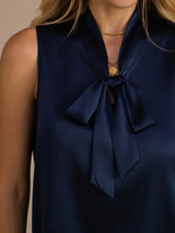 [Azul Oscuro] SilkSilky-ES Sleeveless Tie Neck Top de tirantes 007