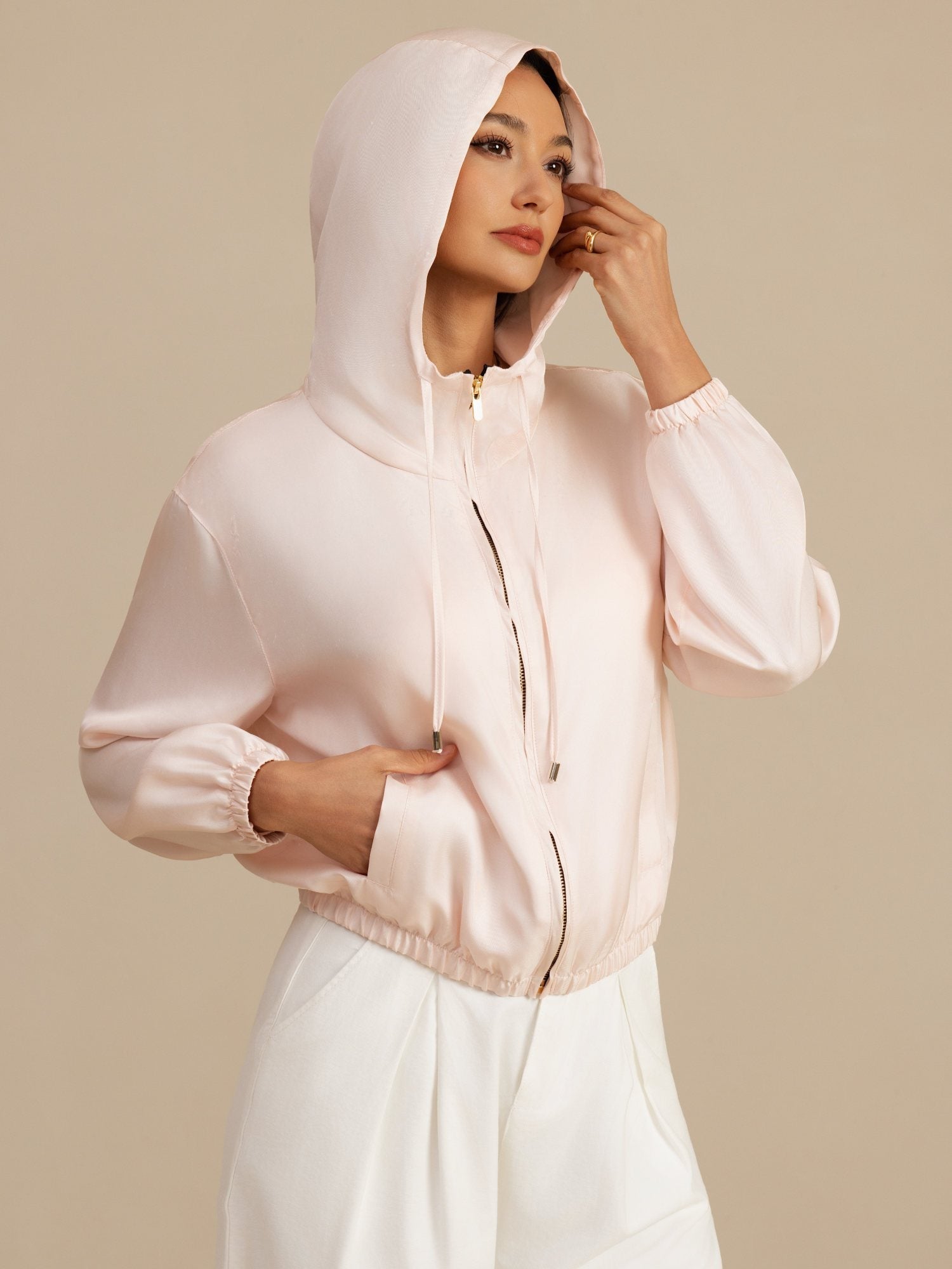 [Rosa] SilkSilky-ES 18Momme Manga larga Cuello Alto Chaqueta de mujer 001