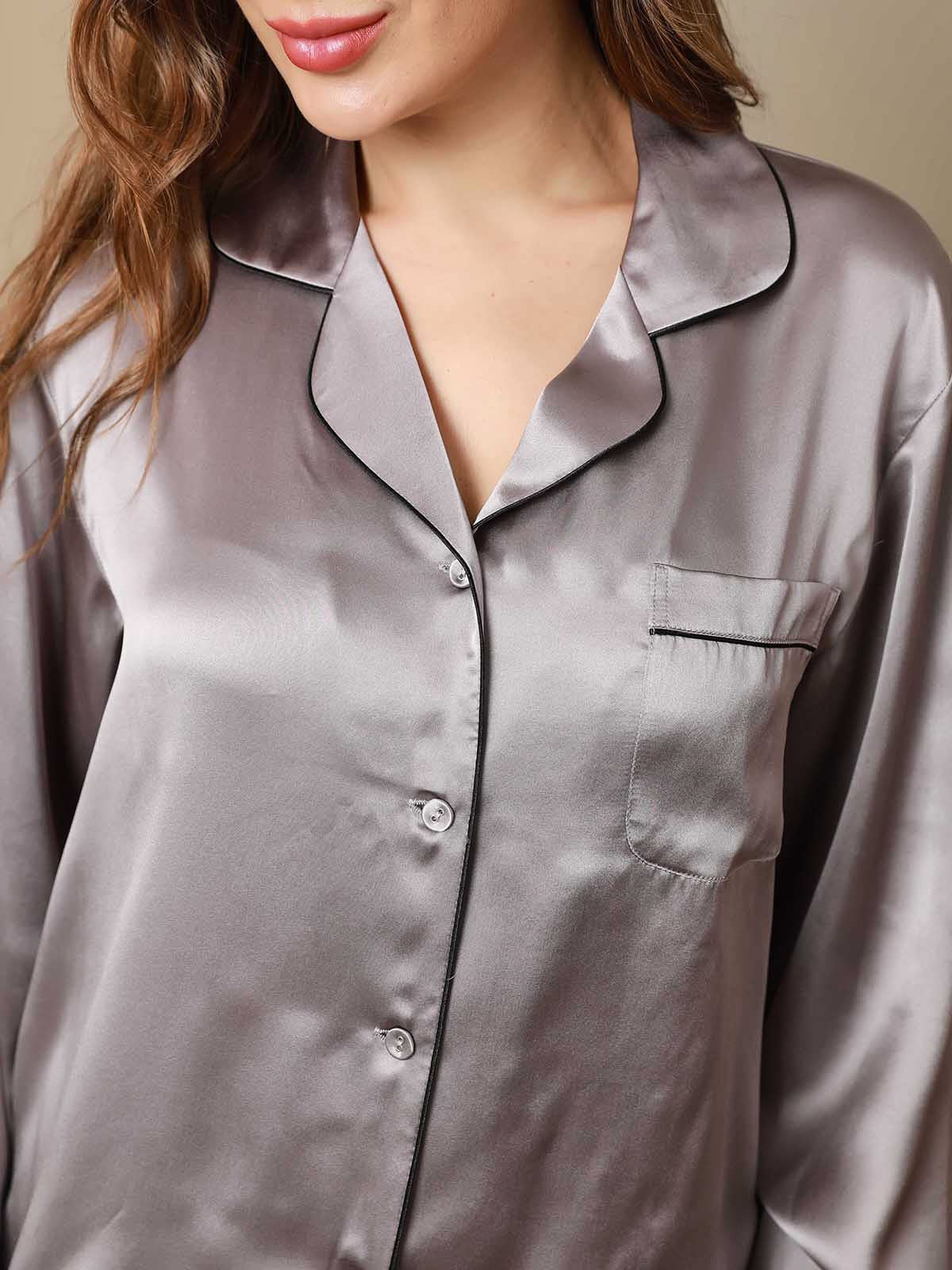 [Gray] SilkSilky-AU Pure Silk Notch Collar Women's Pyjamas 007,