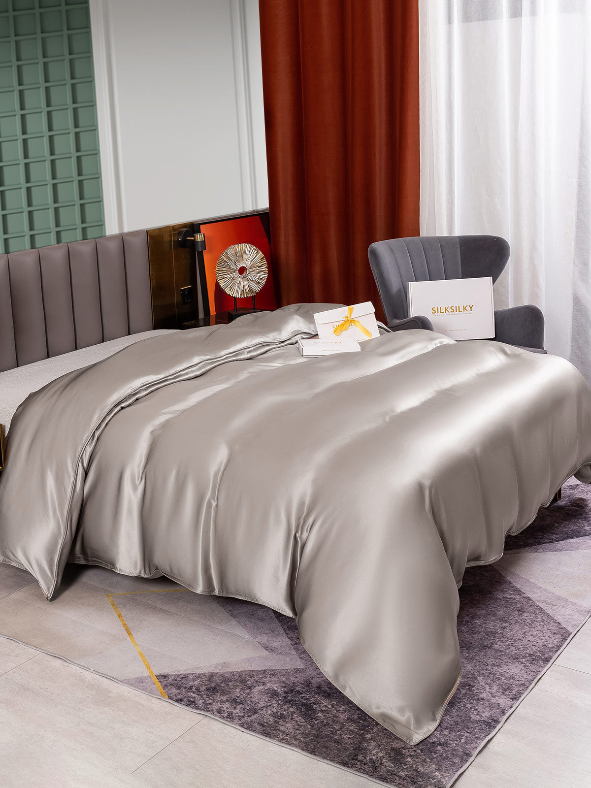 SilkSilky ES 25Momme Seda Pura Duvet Cover Gris 004