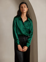 [Verde Oscuro] SilkSilky-ES Long Sleeve Lapel Collar Blusas de Mujer 001