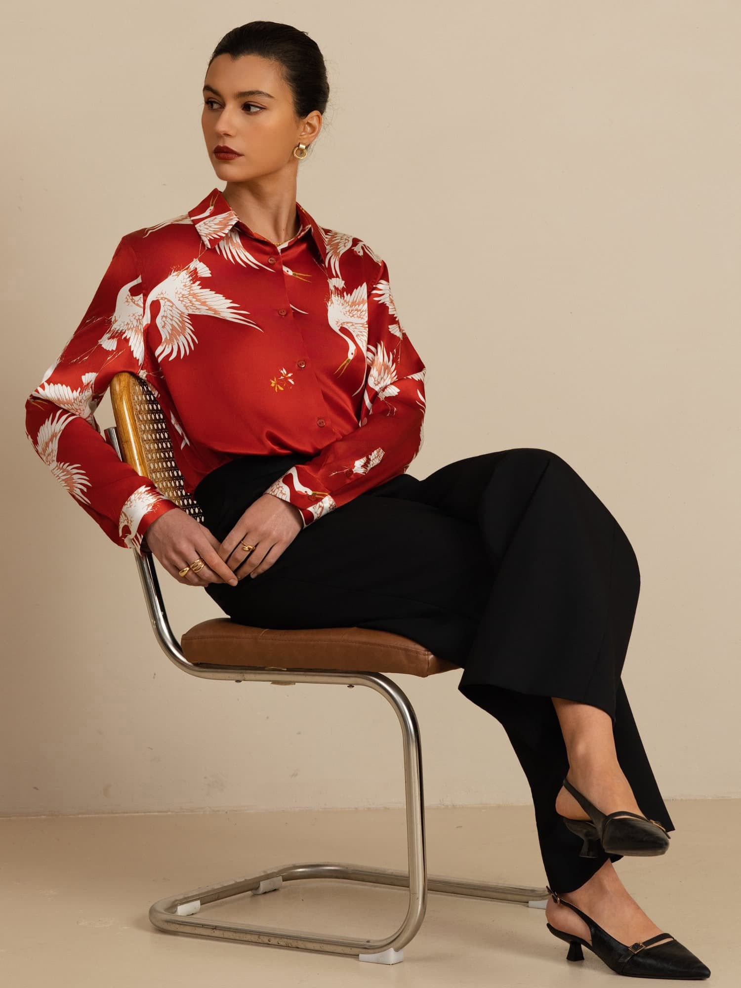 [Vino] SilkSilky-ES 19Momme Manga larga Cuello con Solapa Blusas de Mujer 001