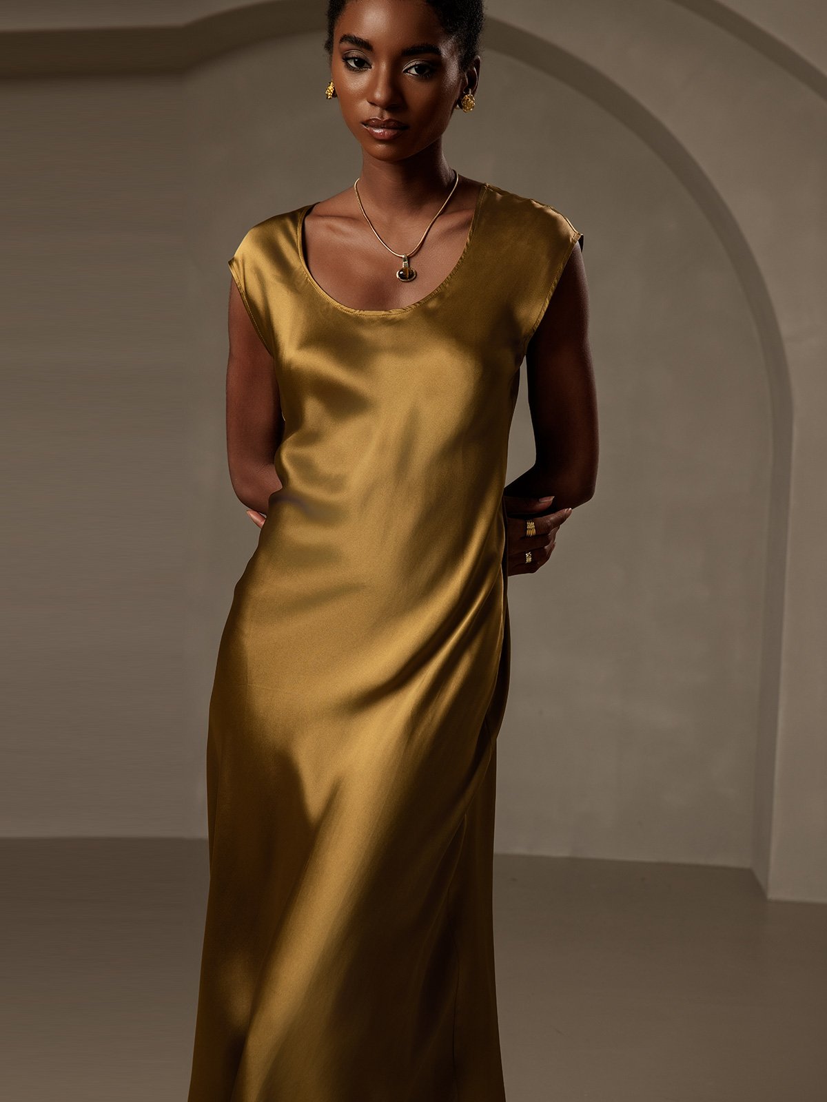 [Marrón] SilkSilky-ES 19Momme Seda Sin mangas Dress 003