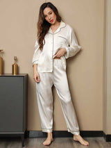 [Blanco] SilkSilky-ES Long Sleeve Lapel Collar Pijamas de mujer 003