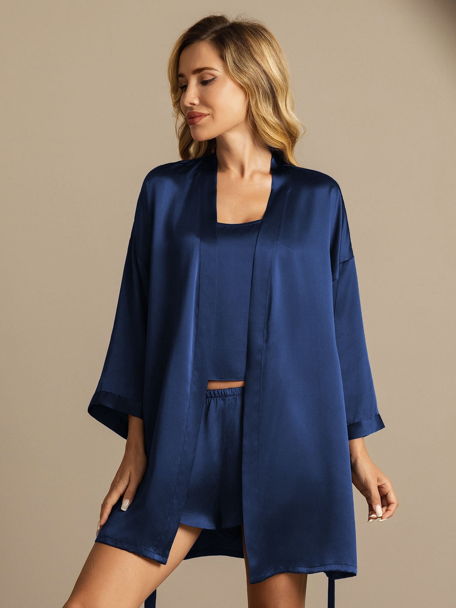 [Azul Oscuro] SilkSilky-ES Seda Pura Nightgown&Robe Set 007,