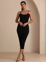 [Negro] SilkSilky-ES Spaghetti Strap Boat Neck Vestido 005