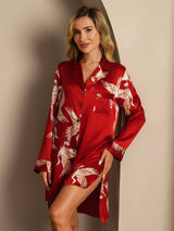[Rojo Oscuro] SilkSilky-ES Long Sleeve Lapel Collar Camisas de dormir 008